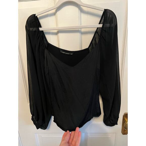 Zara Black V Neck Sheer Long Sleeve Cropped Top Going Out Blouse Women's XS Sexy - Picture 2 of 11